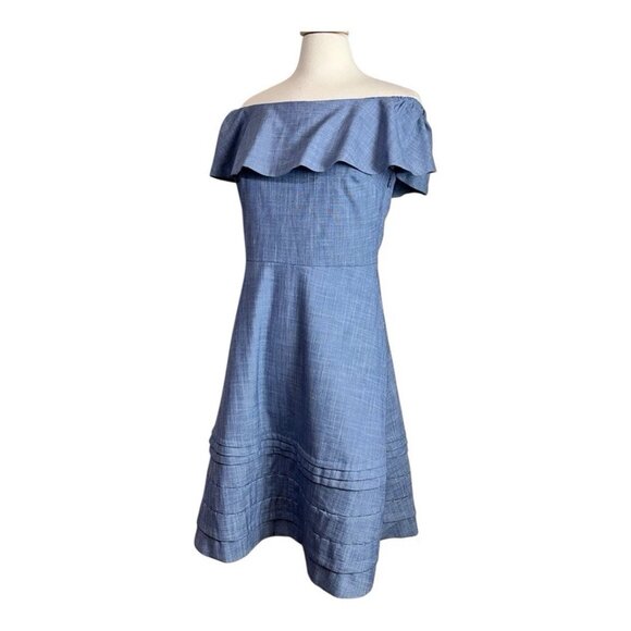 Banana Republic Dress 10 Off Shoulder Sheath Chambray Blue A-Line Ruffle Stretch - Picture 3 of 9